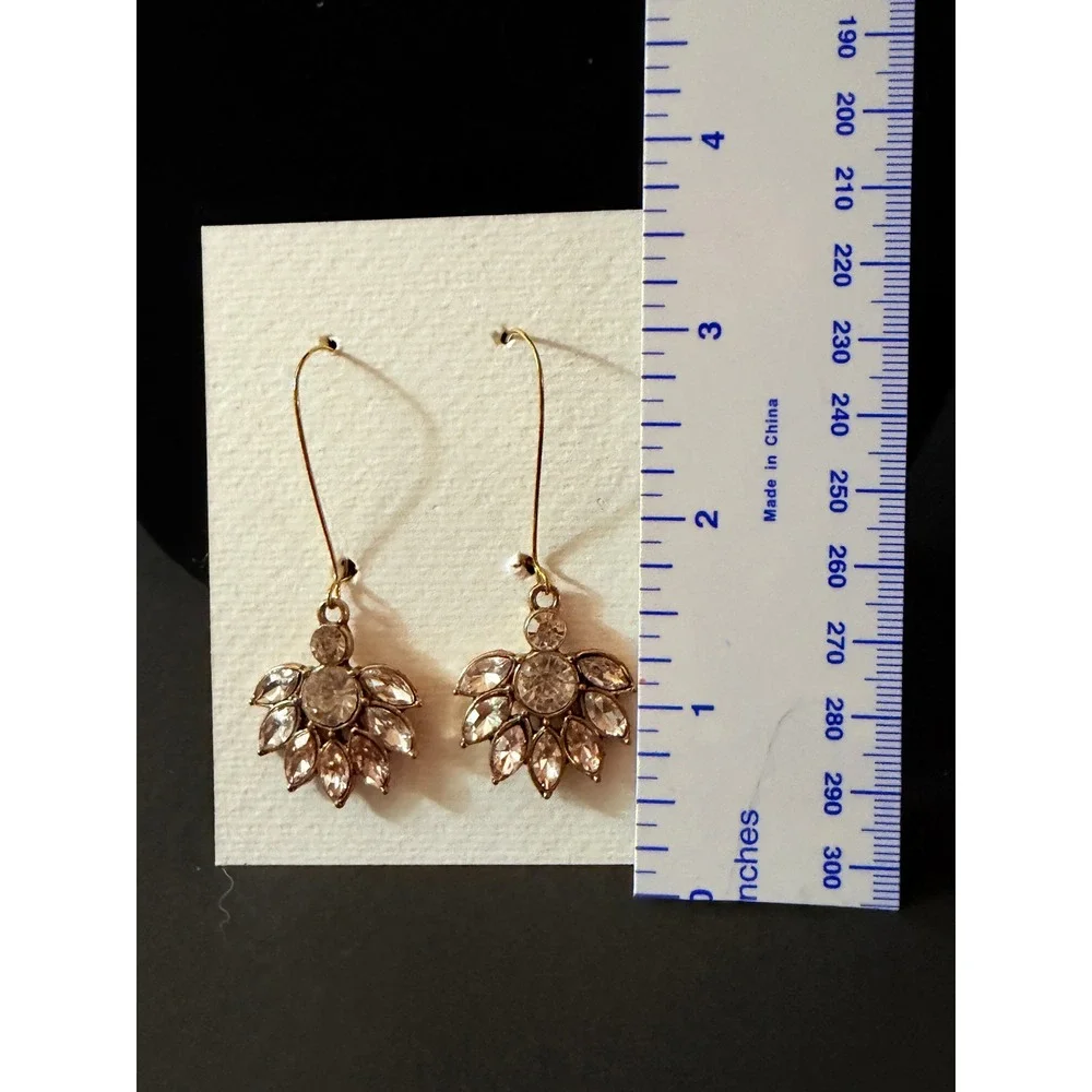 Brass Copper Pink Crystal Fan Drop Earrings Long Gold Tone Stephanie Aune Artist